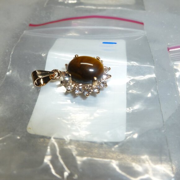 18K Gold Electroplate Tiger's Eye Swarovski Crystals Pendant - Picture 7 of 16
